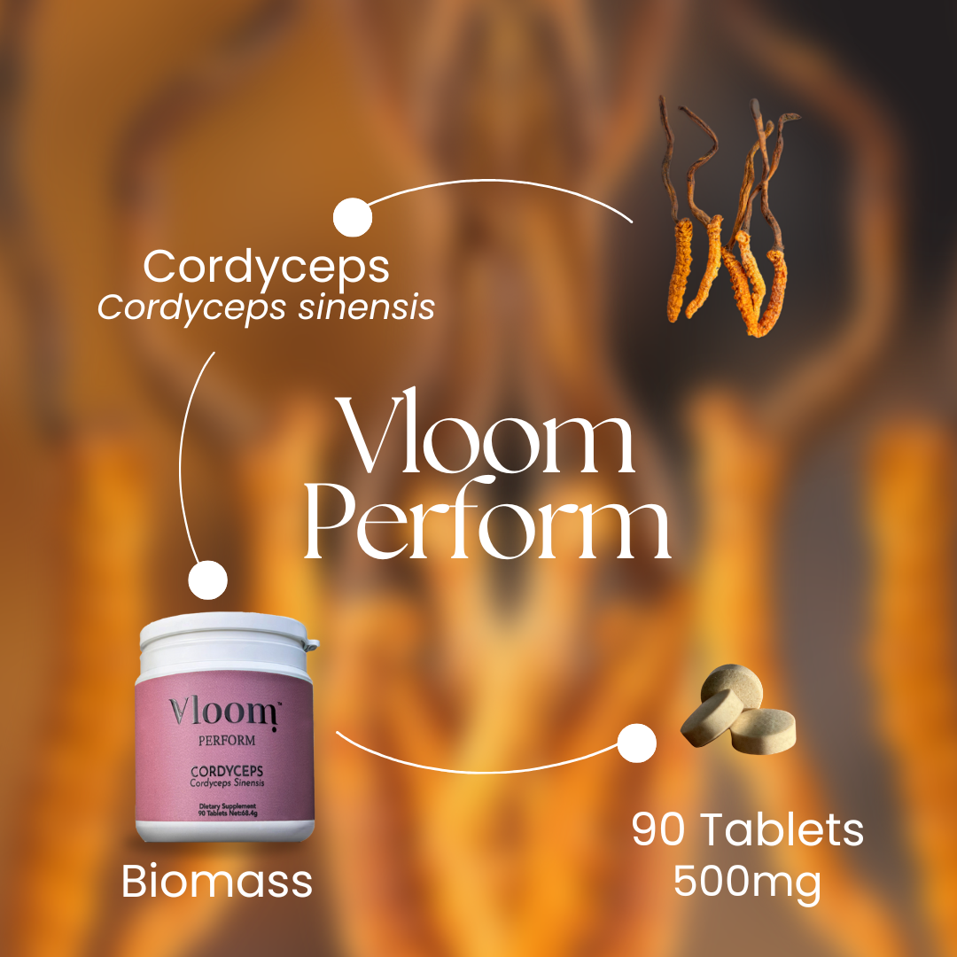 Vloom Perform supplement packaging with cordyceps and mushroom imagery on a dark background