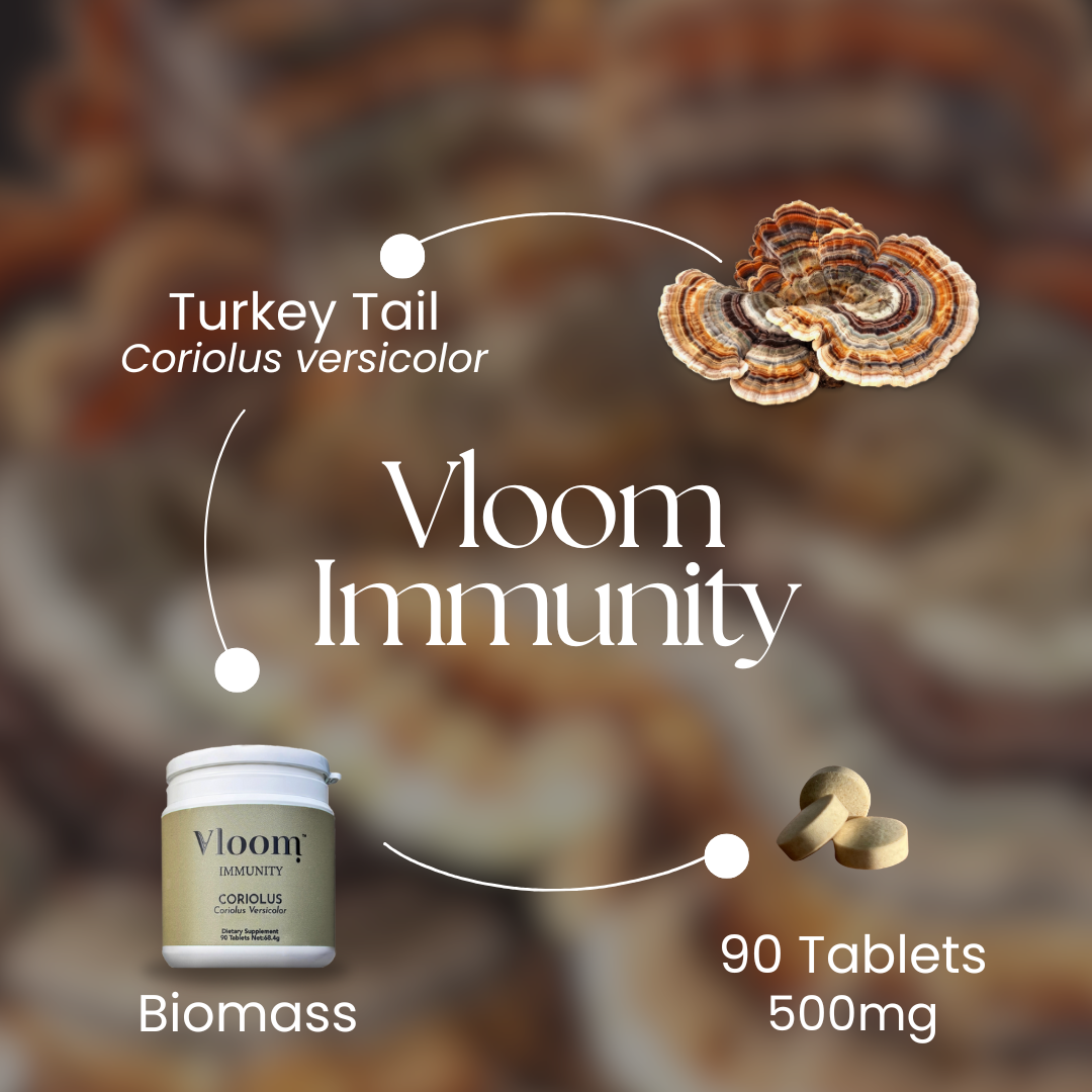 Vloom Immunity supplement packaging with turkey tail mushrooms in the background