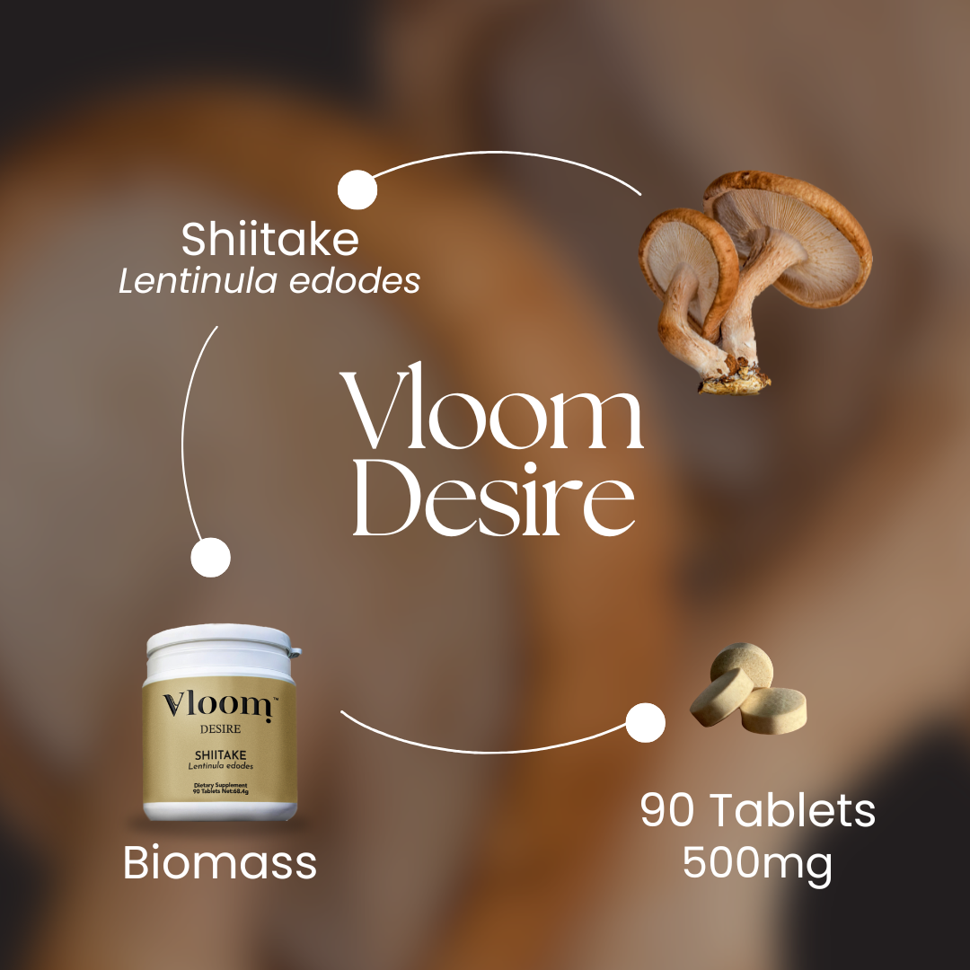 Vloom Immunity supplement packaging with shiitake mushrooms on a dark background