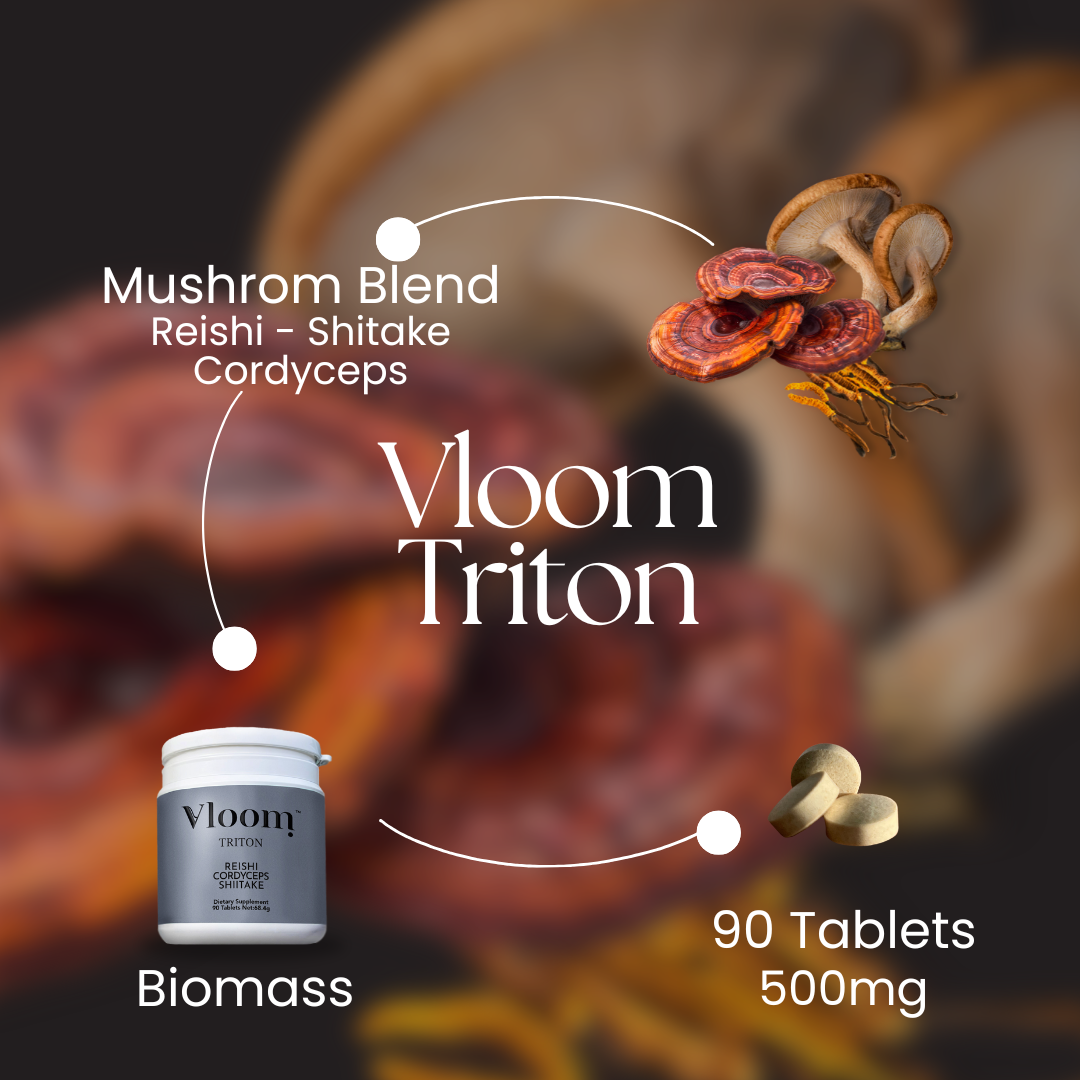 Vloom Triton supplement packaging with mushroom imagery on a dark background