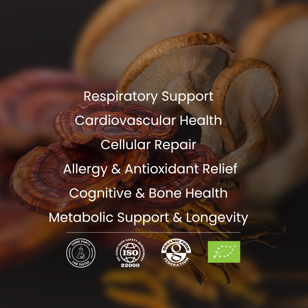 Shiitake Reishi Cordyceps mushrooms with health benefits text on a dark background