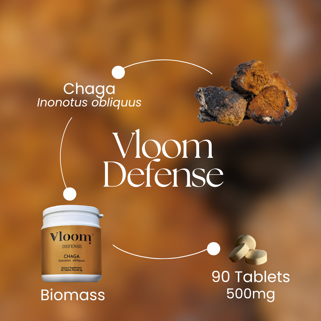 Vloom Defense product with chaga mushrooms on a blurred natural background