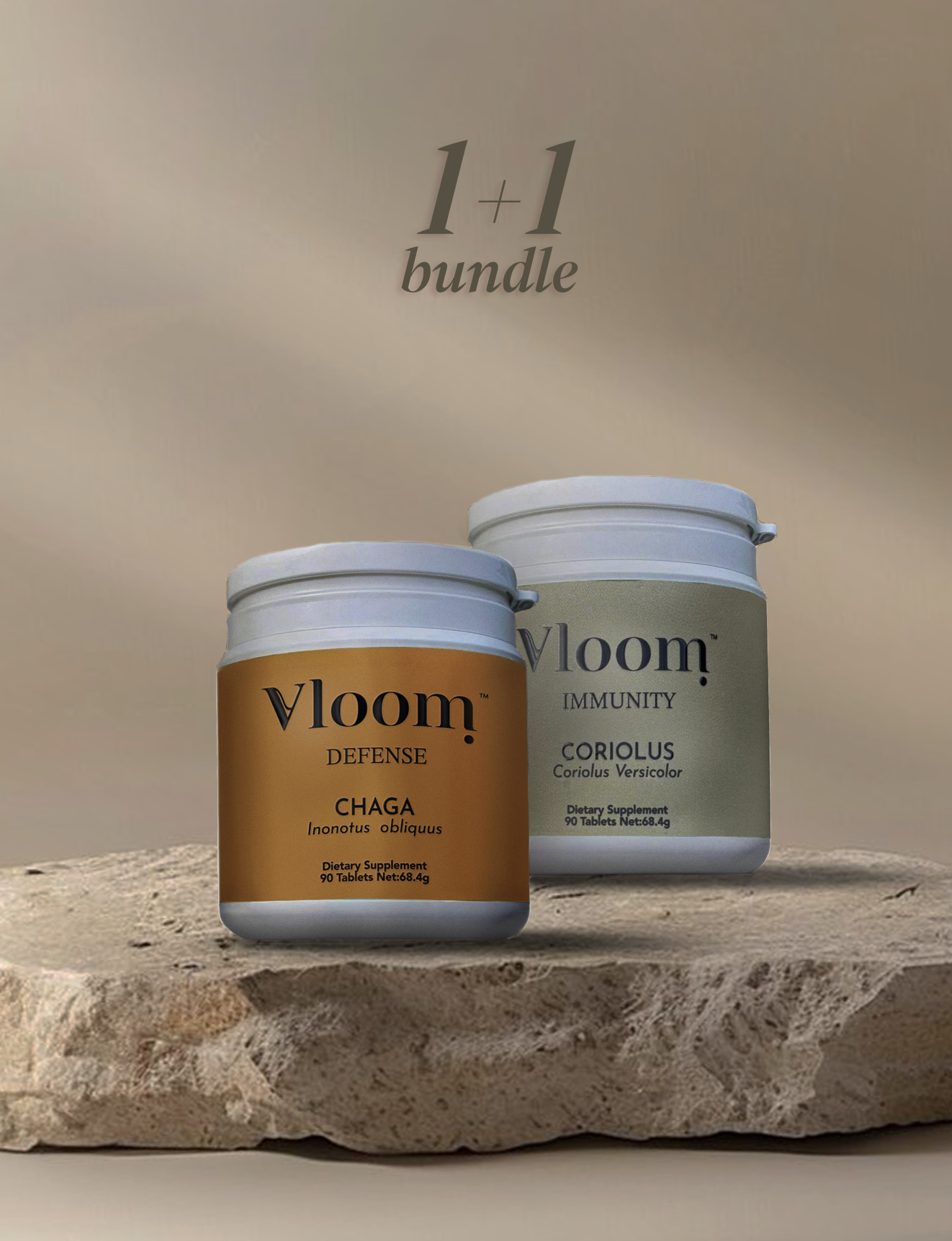 Two Vloom supplement jars on a stone surface with a beige background