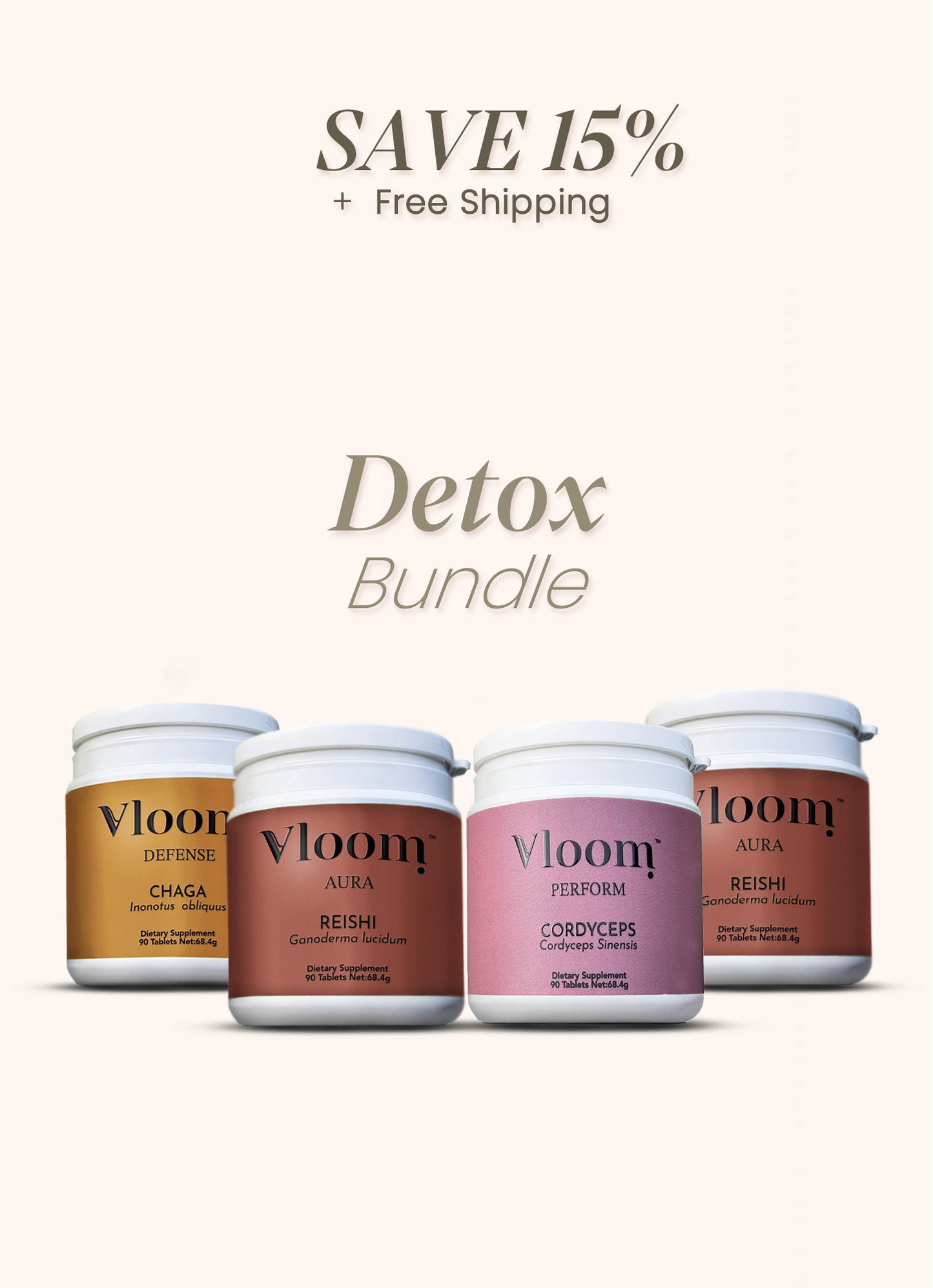 Vloom detox bundle with four jars on a white background, featuring 'Save 15%' and 'Free Shipping' text.