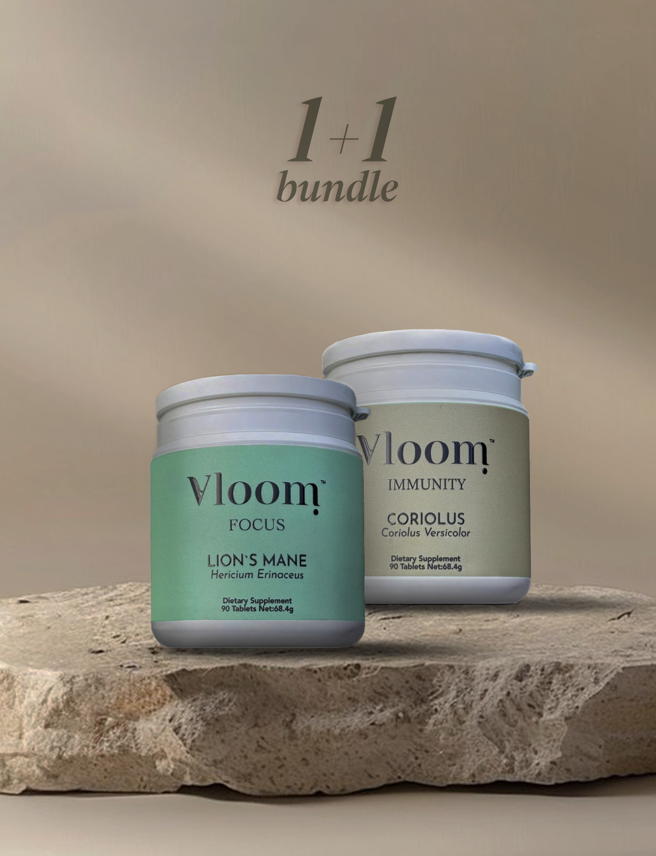 Two Vloom supplement jars on a stone surface with a beige background
Lions Mane Turkey Tail