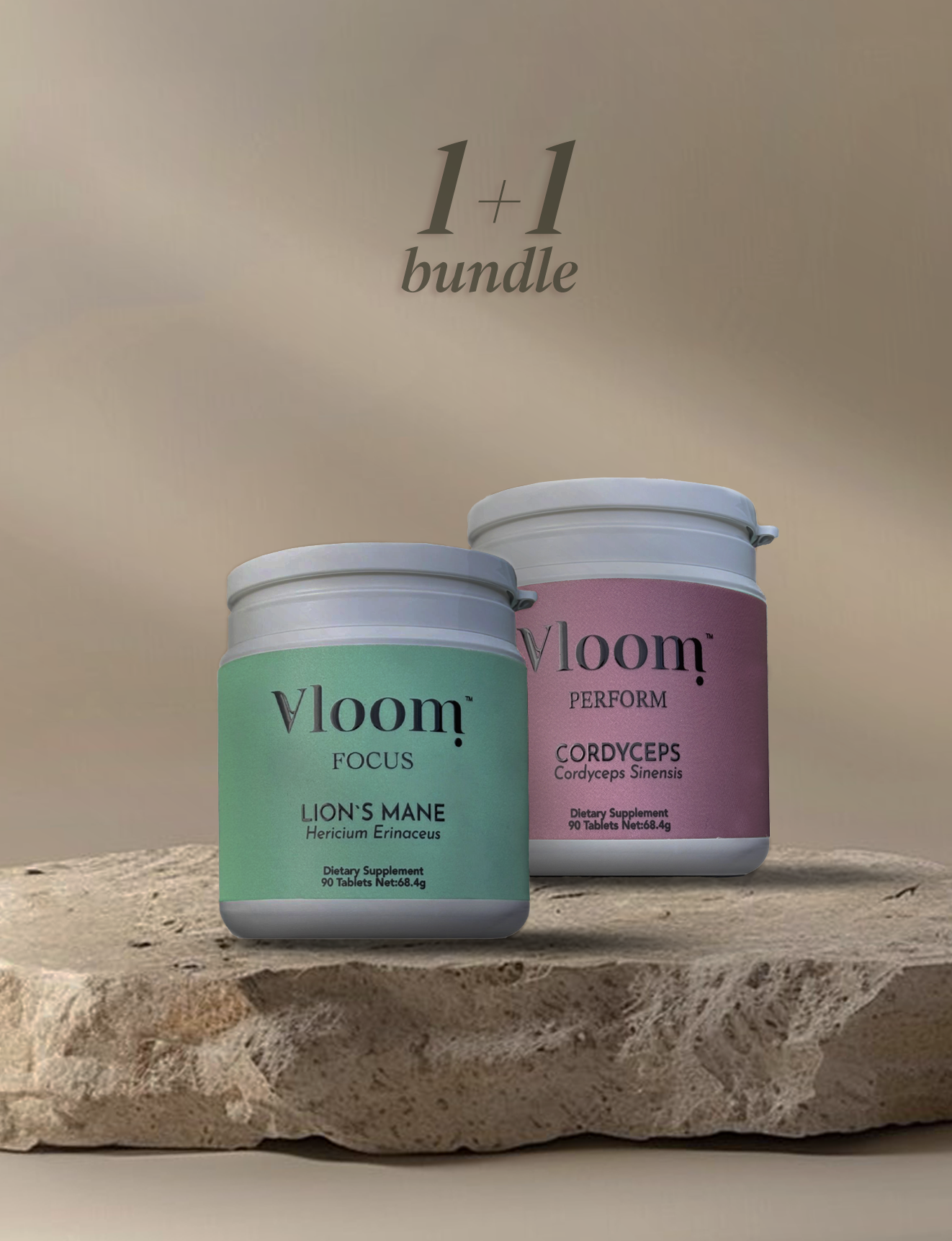 Two Vloom supplement jars on a stone surface with a beige background