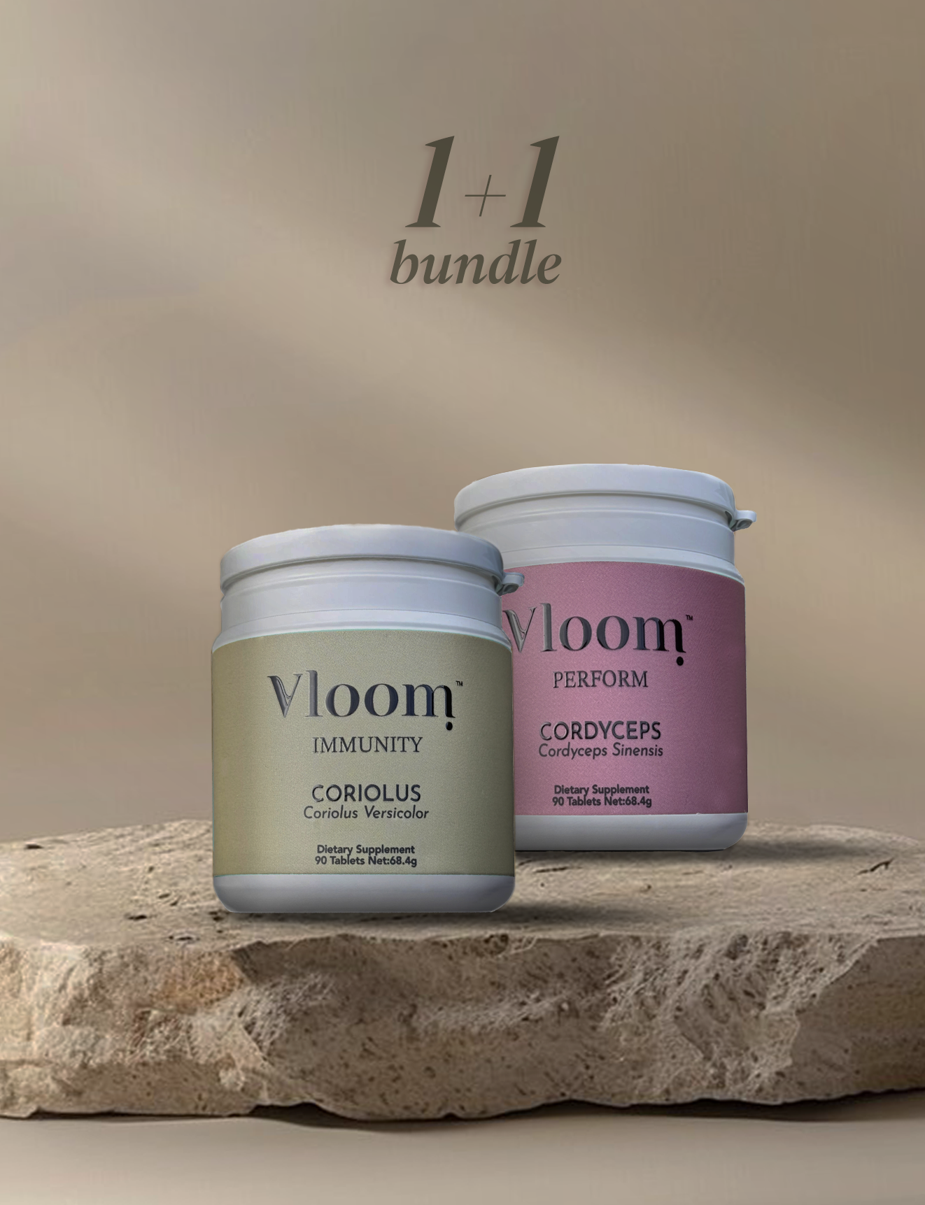 Two Vloom supplement jars on a stone surface with a beige background, Turkey Tail, cordyceps