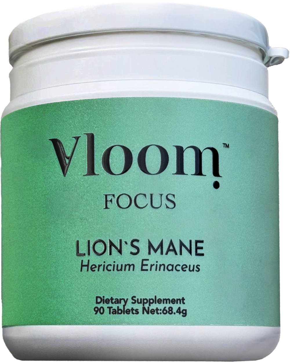 Vloom Focus Lions Mane dietary supplement container with green label