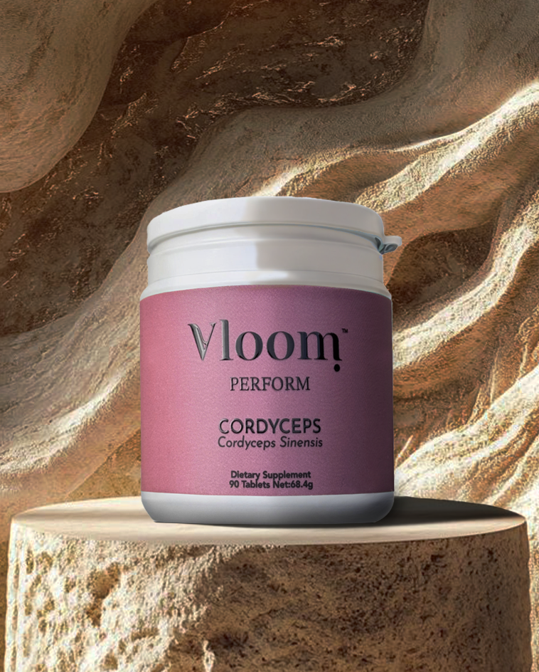 Vloom Perform Cordyceps supplement container on a stone surface