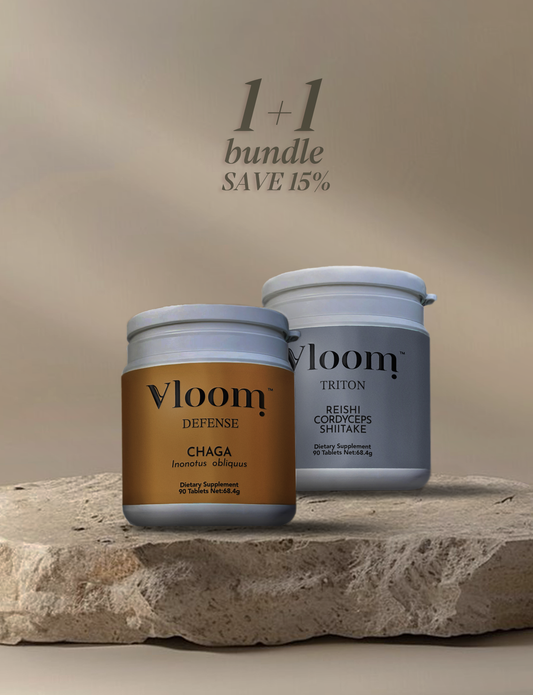 Two Vloom supplement jars on a stone surface with a beige background
Chaga & Triton (Reishi, Cordyceps, Shiitake)